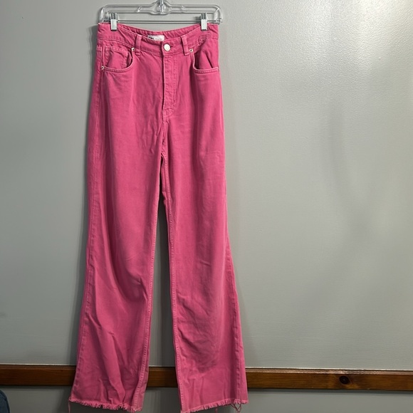 Zara Denim - Zara The Boogie Pant High Rise Wide Leg Raw Hem Jeans Pink Sz 6